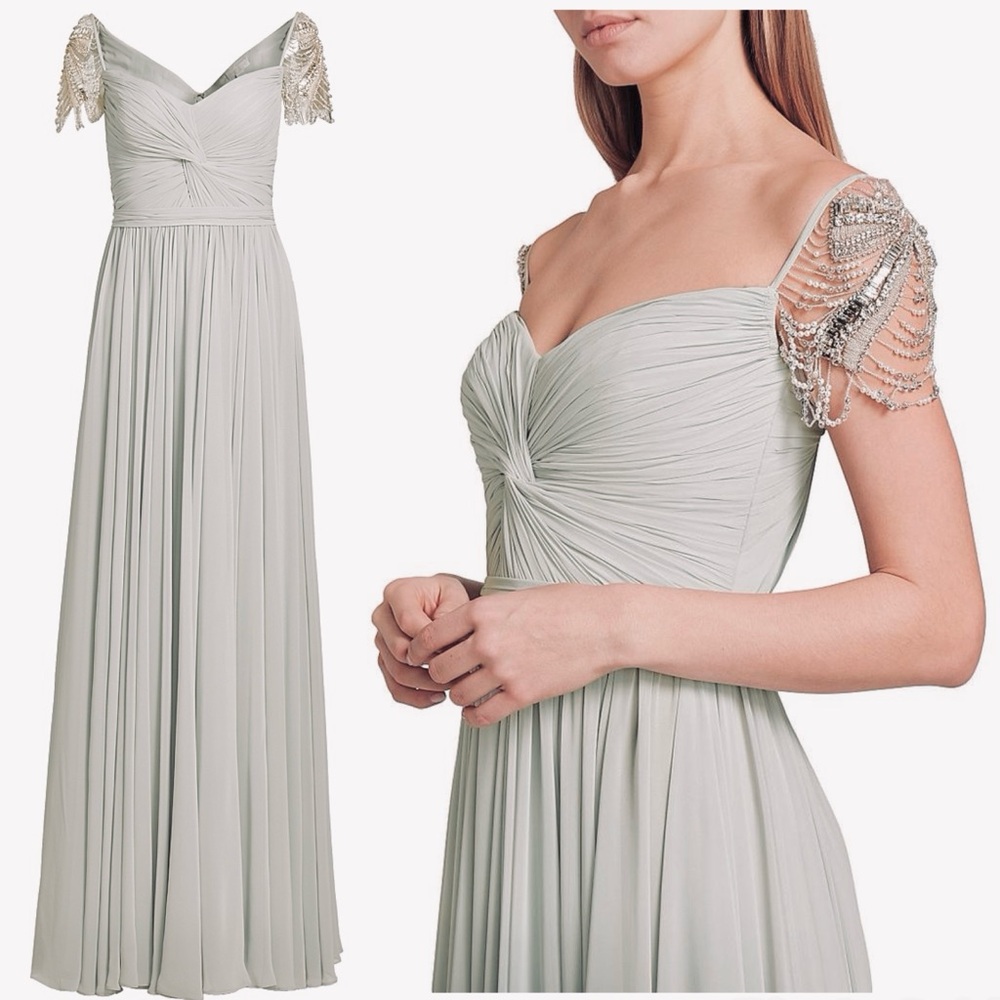 REEM ACRA Cap-Sleeved Chiffon Gown Embellished Gray Maxi Dress